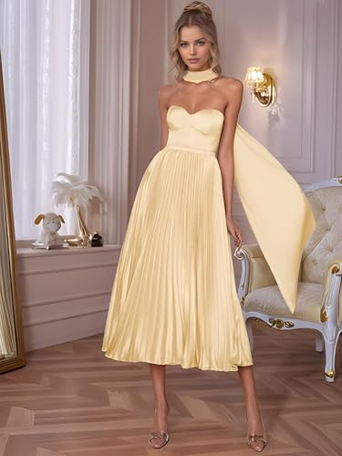 Women's Satin Strapless Bridesmaid Dresses with Scarf Pleated Tea Length A Line Wedding Guest Dress Formal Gown2