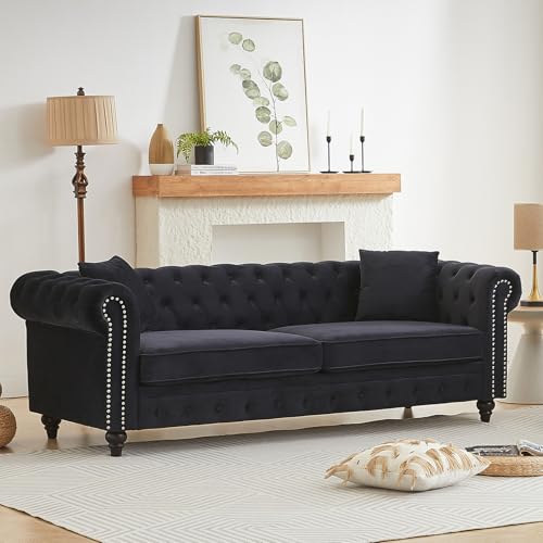 Image of Mid Century Modern Couch, 85.5 inchW Velvet Fabric Button Tufted Oversized Loveseat Sofa with Nailhead Trim & Roll Armrests, Deep Seat Comfy Chesterfield Sofa for Living Room, Office(3 Seater, Dark Black)