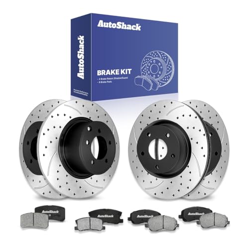 AutoShack Front Vented & Rear Solid Drilled & Slotted E-Coated Brake Rotors + Ceramic Pads 12-PC Brake Kit Replacement for 2010-2017 Jeep Patriot 2007-2017 Jeep Compass ShadowGuard