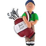 Golfer Personalized Christmas Ornament - Male- Holding Bag of Clubs - Handpainted Resin - 4