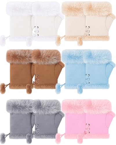 SATINIOR 6 Pairs Women Faux Rabbit Fur Gloves Fingerless Winter Gloves Mittens Warm Stretchy Hand Wrist Warmers(Light Color,Solid Color)