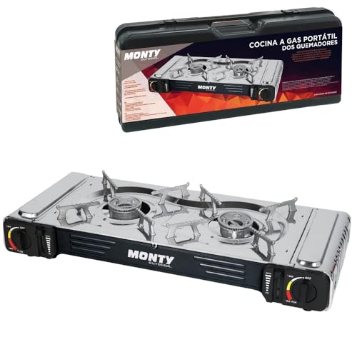 LOLAhome Cocina de Gas Portátil con 2 Quemadores y Maletín - Hornillo Camping Gas - Encendido Piezoeléctrico, Doble Sellado de Válvula y Protección Sobrepresión. Cartuchos Gas estándar - 65x28x12 cm