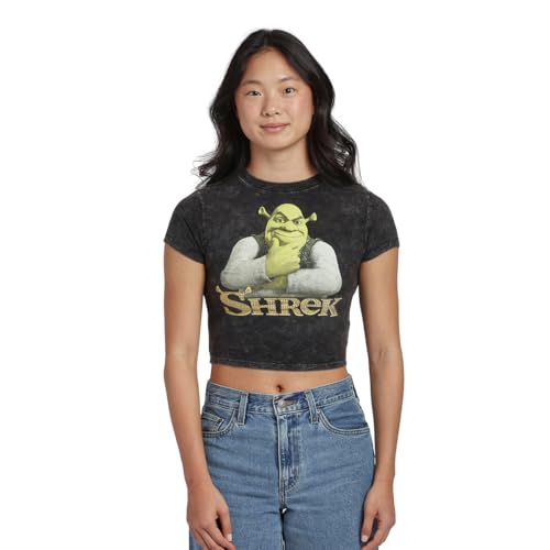 Bioworld Shrek Character Logo Womens Black Mineral Wash Crew Neck Short Sleeve Cropped Baby Tee-XL