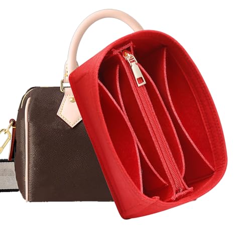 Doxo Premium Felt Purse Organizer Insert, 7 Compartments with Removable Zipper Pocket | Small Purse Organizer Fits LV Speedy 20, Noé BB, Mini Ophidia Tote, Groove 20 & More Bag Organizer Insert (Red)