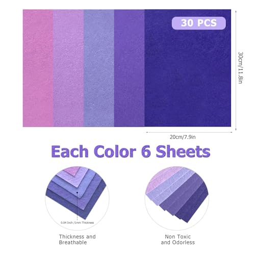 Image of 30Pcs Stiff Felt Sheets, 1mm Thick Felt Fabric Squares for Sewing & DIY | 5 Shades Of Purple Colors Craft Felt, Hard Felt, Thick Felt & Felt Paper for Patchwork, Home Decor & Handmade Projects