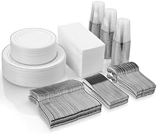 Silver Disposable Plates Set for 50 Guest - 450 Piece Silver Plastic Dinnerware