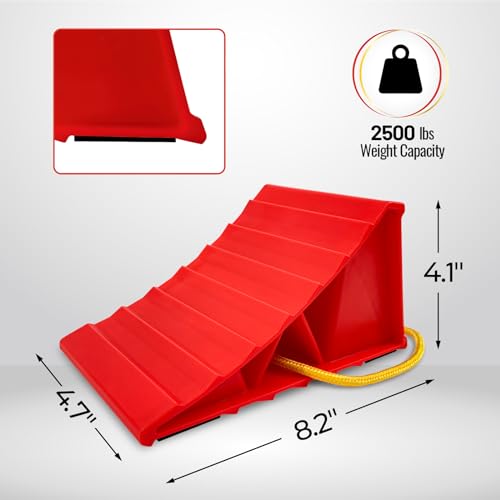 Image of HOXWELL 2 Pair Wheel Chocks for Travel Trailers, Non Slip Heavy Duty Red Wheel Chock with Rope, Lightweight Wheel Stoppers for Cars Campers Trucks RVs, Easy to Carry & Suitable for Most Tyre Sizes