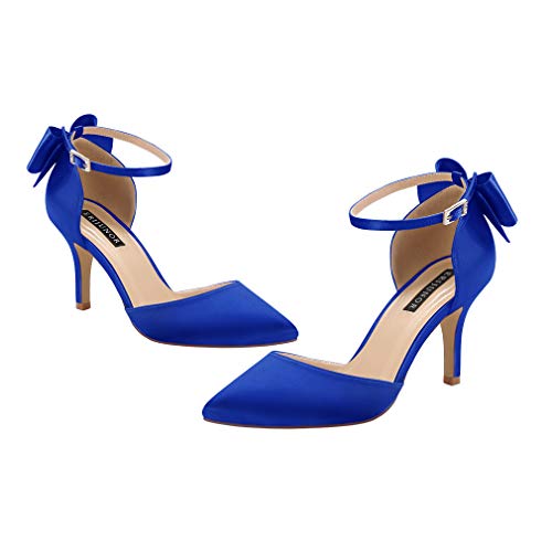 Image of ERIJUNOR Wedding Evening Party Shoes Comfortable Mid Heels Pumps with Bow Knot Ankle Strap Wide Width Satin Shoes