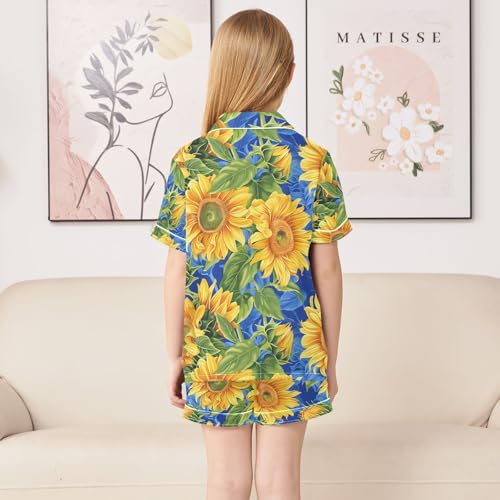 ALAZA Sunflower Blue Pajamas Satin Pajama Set Short Sleeve Button Down Sleepwear4