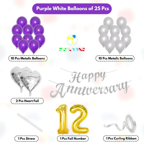Image of Flyloons 12th Happy Anniversary Decoration Items Purple for Men Women Husband Wife Mom Dad Parent Couple Home Bedroom Car With 20 Pcs Metallic Balloons Anniversary Banner 2 Pcs Heart Set Kit