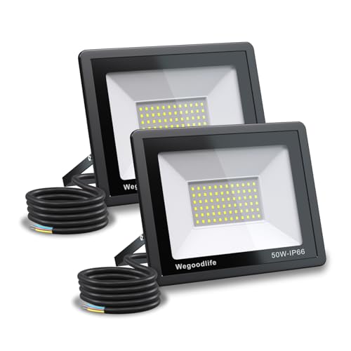 Wegoodlife 2 Stück 50W LED Strahler Außen, Superhell 3995LM Scheiwerfer, 3000K Warmweiß Außenstrahler, IP66 Wasserdicht LED Fluter, Aussenstrahler für Hinterhof Auffahrt Garage Sportplatz Flur Garten