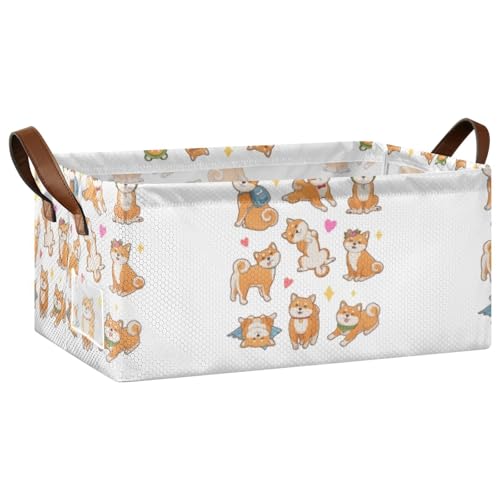 Fygkptb Funny Orange Shiba Inu Dogs in Different Poses 1 PC Rectangle Foldable Frame Basket Leather Handles Storage Bin for Laundry Bathroom Organizer 16.9 x 11.4 x 7.7 inch