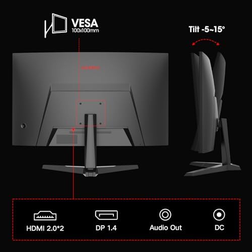Monitor Gaming 27 Pollici, Curvo 1500R 2560X1440 (QHD), 180HZ 1ms Mornitor, DCI-P3 90%, Pannello ultra Sottile, Inclinazione Regolabile, Supporta HDMI/DP - Monitor - Immagine 5