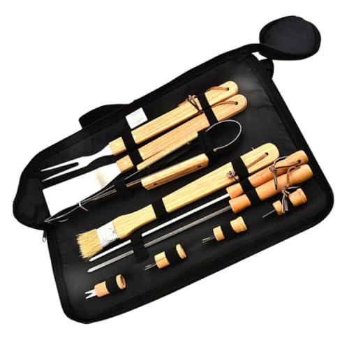 NULYLU 1juego Utensilios de Barbacoa Portátiles Bolsa Mango de Madera y Acero Inoxidable Anti-resbaladizo y Ligero para Camping Picnic y Barbacoas al Aire