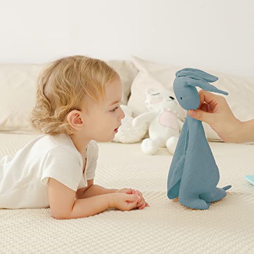 Image of insular Bunny Lovey Blanket for Boys and Girls, Organic Cotton Muslin Security Blanket for Babies, Soft Breathable Lovie Soothing Towel for Newborn and Infant, 2 Pcs Set (Blue&Grey)