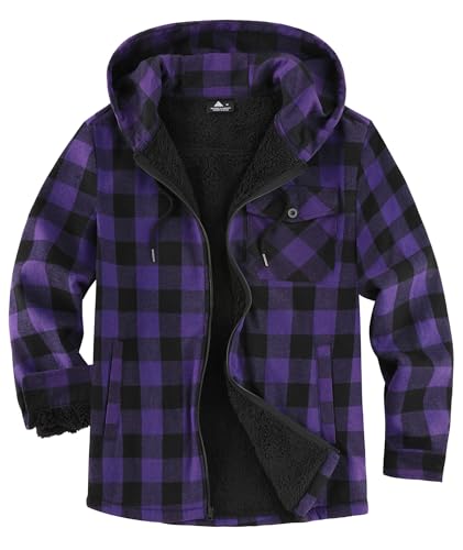Image of V VALANCH Men's Sherpa Lined Flannel Jacket with Hood - Zip Up Plaid Shirt Jacket Winter Outdoor Warm Outerwear Fleece Coat
