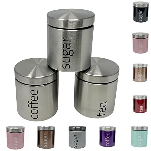 plastific 3pcs Set of Stainless Steel Tea Coffee Sugar Canisters, Silver, 10 cm (L) x 11 cm (H)