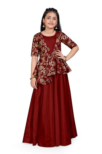 Image of Fashion Dream Girl's Taffeta Floral Foil Printed Dress|Kids Dress|Long Dress for Girls (FDGDRS00214-MRN-40_Maroon_13-14 Years)