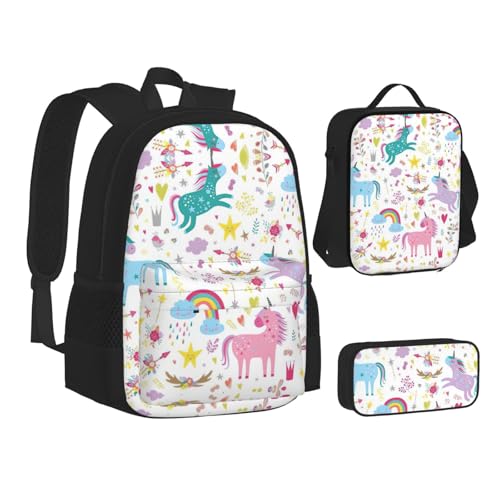 Unicorns Pink 3-Piece Set Backpack, Lunch Bag, And Pencil Case, Casual Cute Sets For Travel And College2