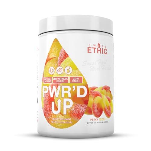 Image of Sweat Ethic PWR'D UP Pre Workout, Natural Caffeine, No Beta Alanine, Zero Tingle, Supports Training & Performance, Easy Mix Powder for Preworkout Energy, Peach Rings Flavor, 50 Servings