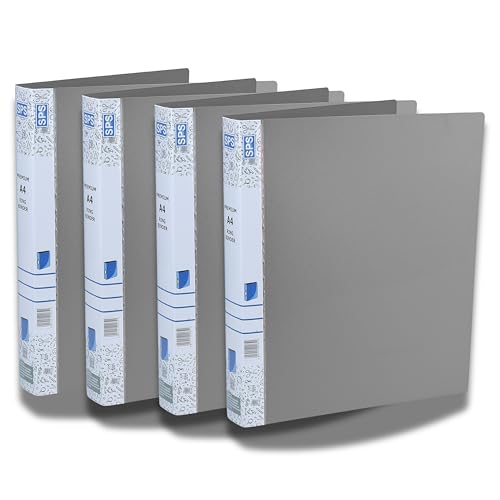 SPS Archivador de anillas 2D tamaño A4, archivador de oficina para certificados y documentos, para documentación de oficina y escuela, gris, paquete de 4