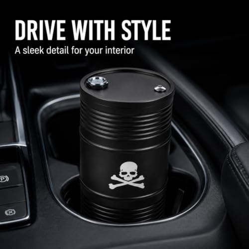 Image of Car Ashtray with Lid Smell Proof Ash Tray, Portable ashtray for car cup holder (Black, Skull Pattern)
