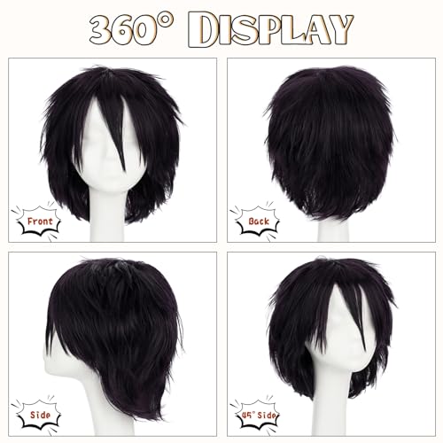Image of S-noilite Unisex Short Cosplay Purple Wig for Women Mens Male Short Anime Pixie Wigs Synthetic Full Hair Wigs for Halloween Costume Party (Dark Purple)