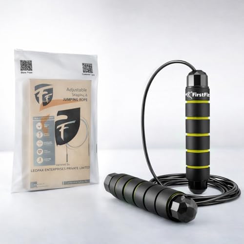 Image of FirstFit Jump Rope, Tangle-Free Rapid Speed Jumping Rope Cable with Ball Bearings for Women, Men, and Kids, Adjustable Steel Skipping Rope with Foam Handles (6 Month Warranty) (Black & Yellow)