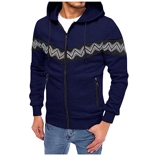 Wankang Mens Full Zip Up Hooded Sweatshirts Fashion Print Hoodies Sweater Patchwork Color Block Sweaters with Zipper Pockets