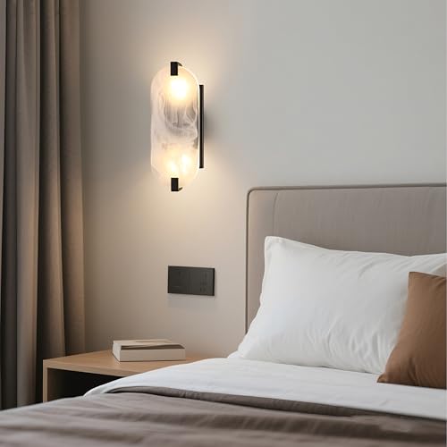 Image of 12.7 inch Art Frosted Oval Glass Bathroom Modern Wall Sconce Fixture for Bedroom Hallway Bedside 2 Pack 2 Light Black Wall Sconce