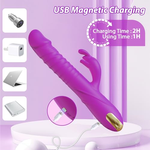 Image of SUPOLA Rabbit G Spot Vibrator, Thrusting Dildo Sex Toys for Women, Purple | 3 Thrust & 10 Vibration Modes, 3 Powerful Motors, Soft Silicone, IPX6 Waterproof, Fast Magnetic Charging for Solo or Couples
