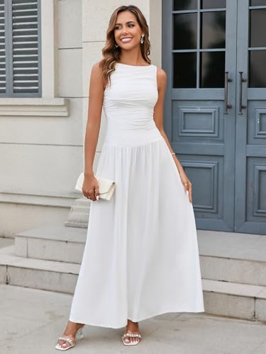 EYNMIN Summer Sleeveless Long Dress Crewneck Ruched Tank Flowy A Line Casual Formal Wedding Guest Dresses for Women3