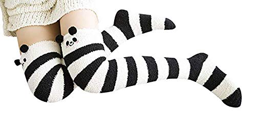 Image of Wander G Womens Over Knee High Fuzzy Socks Cute Cartoon Thigh High Stockings Warm Stripe Leg Warmers
