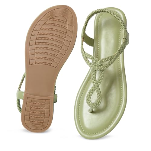 Image of iCKER Womens Braided T‑Strap Flat Sandals Elastic Stretch Ankle Strap | Boho cute casual lightweight and comfort matches dresses for beach vacation