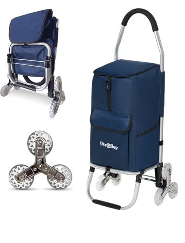 UTROLLEY Ultra-Lightweight Stair Climber Cart for Groceries & Laundry, Durable 6-Wheel Folding Shopping Cart with Insulated Bag, Blue
