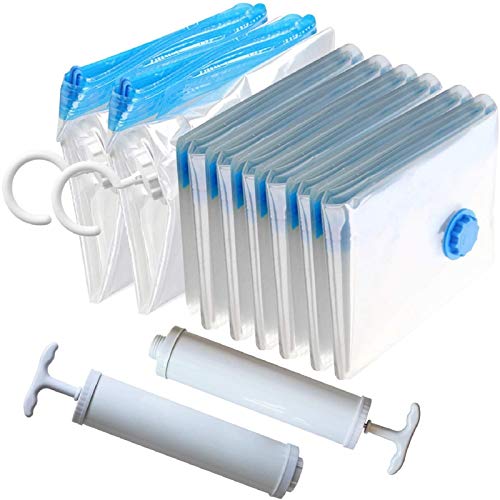 8pcs Space Saving Hanger Vacuum Storage Bags With 2pcs Travel Hand Pumps Set - Jumbo Premium Vacuum Storage Bag for Clothes, Blankets,Pillows, and Many Other Household Items Space Saver Bags