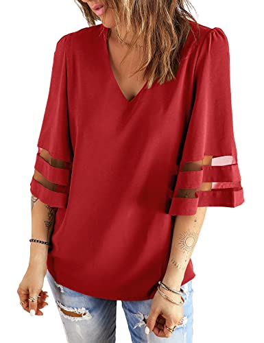 LookbookStore Women's V Neck Mesh Panel Blouse 3/4 Bell Sleeve Loose Top Shirt3