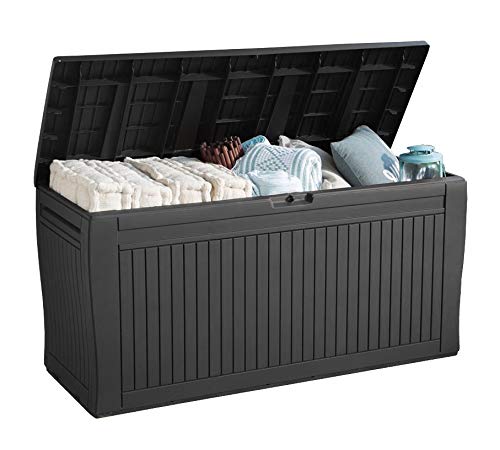 Koll Living Garden Gartenbox mit 270 Liter Fassungsvermögen - wetterfester Stauraum, der Inhalt bleibt trocken und Wird belüftet - Moderne Holzoptik - mit Griffen und Rollen (Anthrazit)