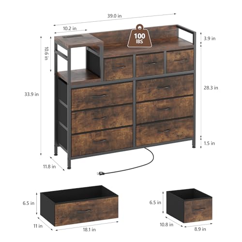 Jojoka TV Stand with Charging Station, Bedroom Dresser for Living Room TV Stand with 9 Drawers, Vintage
