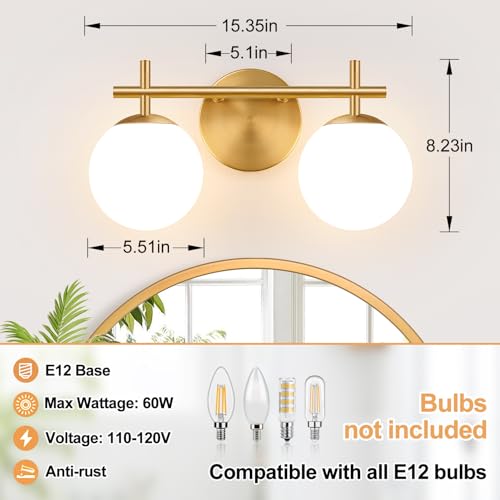 Image of MOKATNG 2-Light Bathroom Light Fixtures, Brushed Gold Vanity Lights for Bathroom with Milky White Glass Shade, Bathroom Lighting Fixtures Over Mirror, Wall Sconce for Bedroom (Bulb Not Included)