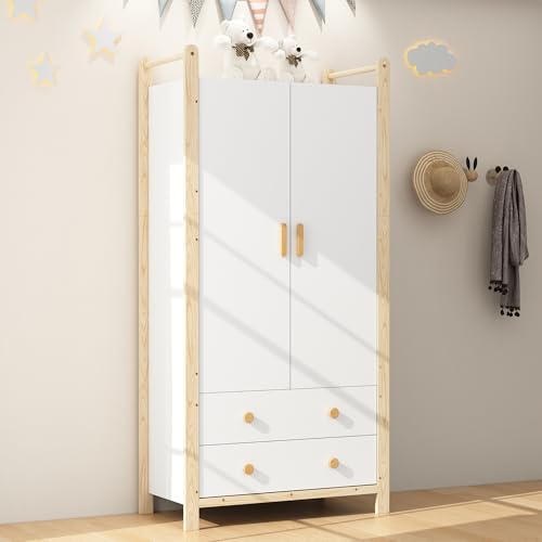 Moimhear Armario de 2 puertas, 90 × 45 × 180,5 cm, armario con barra para colgar, 2 cajones, para dormitorio, salón, tablero de partículas (blanco+color madera)