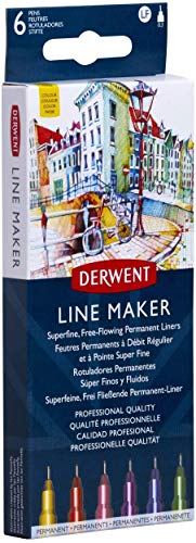 Derwent Colour Line Maker Stifte, Set mit 6 Stück, Fineliner, verschiedene Spitzenstärken, schnell trocknende Tinte, zum Skizzieren, Schreiben, Illustrieren und Kolorieren, 2305576