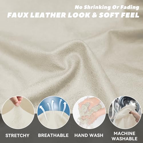 Sofa Slipcover with Armrest Pockets 4-Piece Set, Stretch Faux Leather Couch Cover for 3-Cushion Couches(Fits 72-92") - Non-Slip, Machine Washable, Pet & Kid Friendly - Beige - Image 5