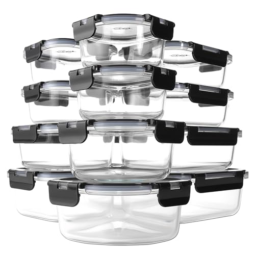 KITCHEN SHOPPE 24pc Borosilicate Glass Storage Containers with Airtight Lids | Heavy Duty, Non-Toxic Food Storage Containers for Pantry, Meal Prep, Lunch or Leftovers | Freezer/Oven/Microwave Safe