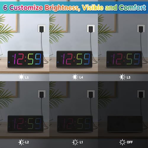 Image of Peakeep Digital Alarm Clock for Bedroom Bedside, RGB Color Changing Display | Colorful LED Big Numbers 6 Brightness, Loud for Heavy Sleepers, Battery Backup Plug in Electric Clock, USB Charger