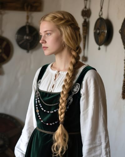 Image of Viking Apron Brooch Chains Medieval Renaissance Women Jewelry | Dress Cape Sweater Shawl Cloak Clasp with Chain, Beads, Celtic Norse Fantasy Elf Fairy Witch Accessory, LARP, Ren Faire
