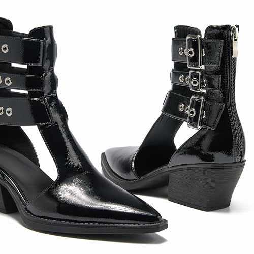 Women's Buckle Strap Ankle Boots Cutout Pointed Toe Chunky Block Heel Sandals with Zipper Dressy Summer3
