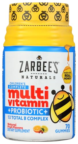 Zarbee's Kid's Complete Multivitamin + Probiotic Gummies with Vitamins A B C D E & zinc for Digestive Health Easy To Chew Kids Daily Multivitamin Gummies Natural Fruit 70 Count