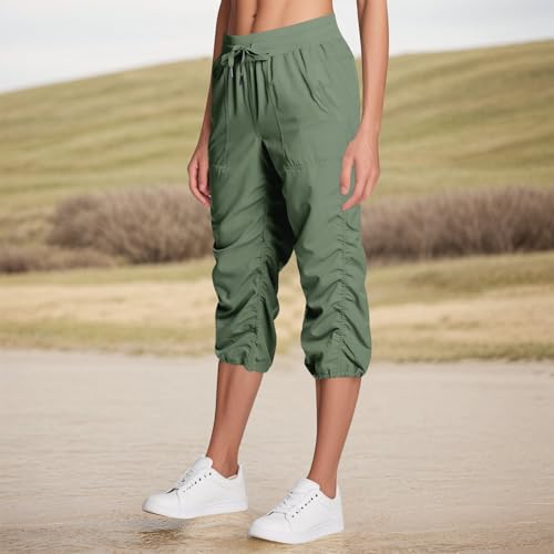 Quick Dry Pants Women Loose Drawstring High Waisted Hiking Cropped Pants with Pockets Pull On Capris for Summer3