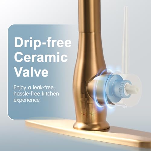 Image of GIMILI Gold Kitchen Faucet with LED Single Handle Kitchen Sink Faucet with Pull Down Sprayer Commercial Double-Headed Stainless Steel Kitchen Faucets Sink with Deck Plate